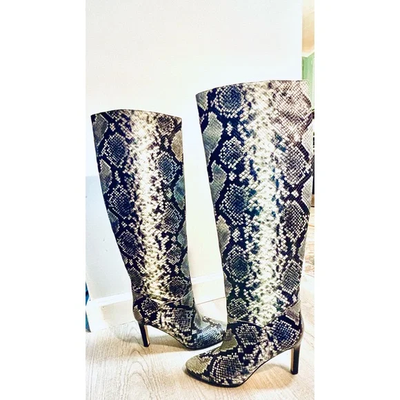 Marc Fisher LTD Black, White and Blue Snakeskin Embossed Leather Heel Boots- 7.5 - Picture 3 of 11